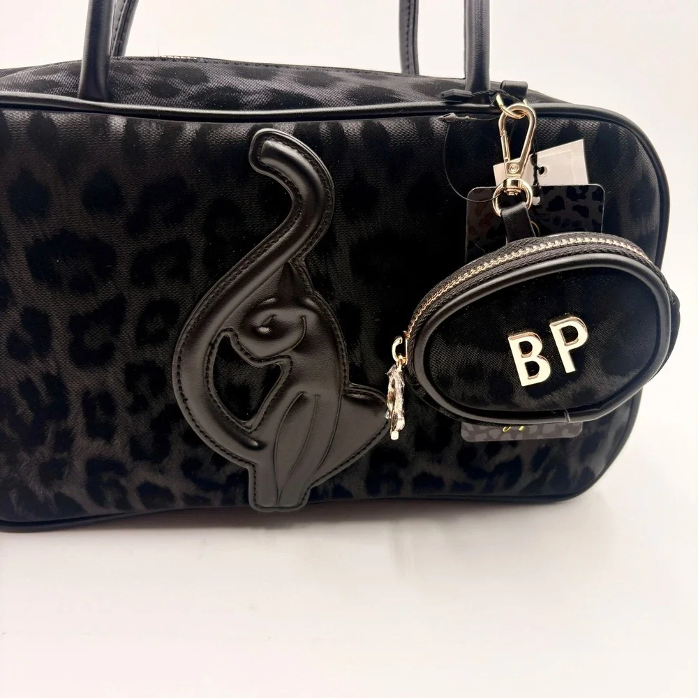 Baby Phat Black Leopard Print Velvet Handbag with Cat Applique Coin Purse Y2k